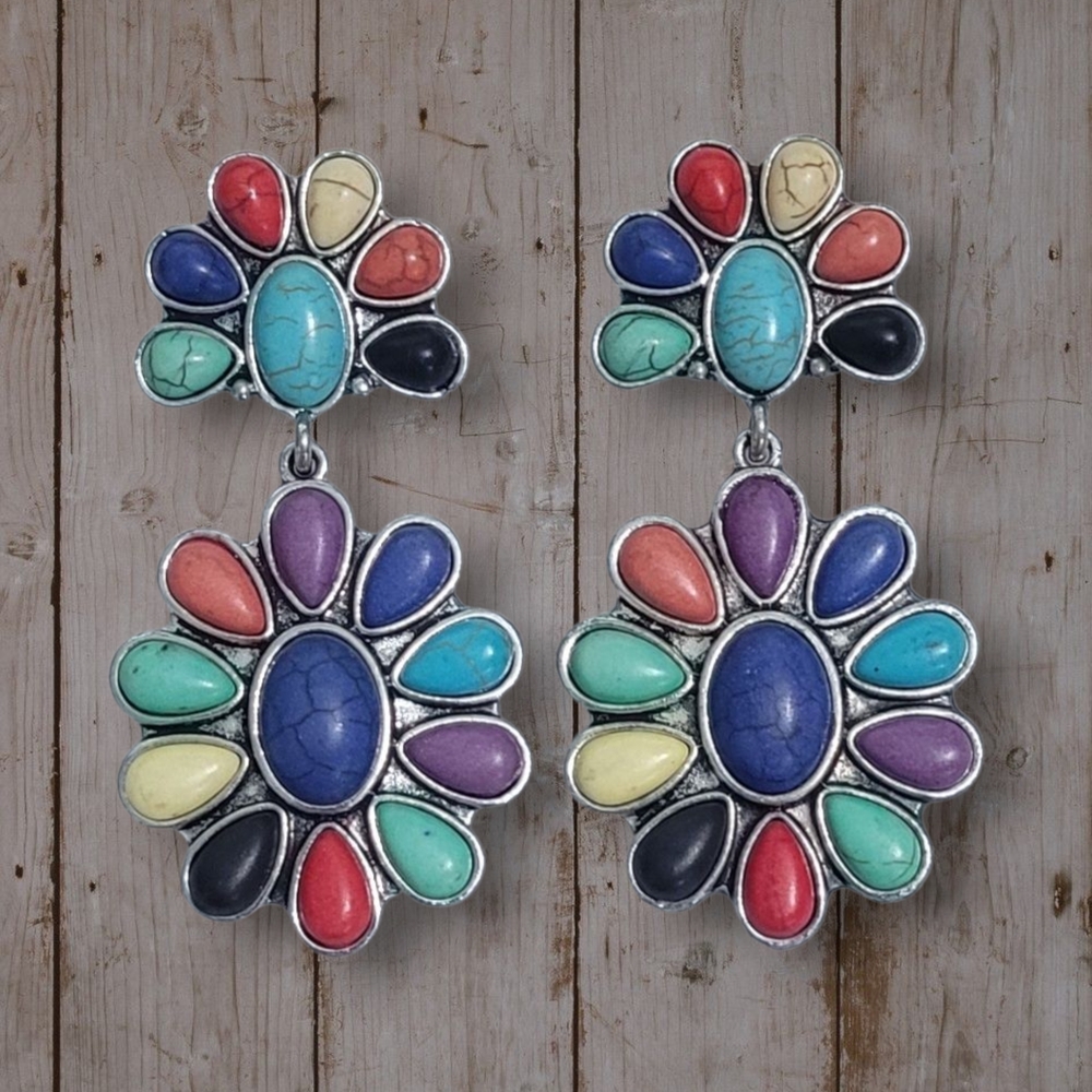 Western Multicolor Stone Squash Blossom Earrings New